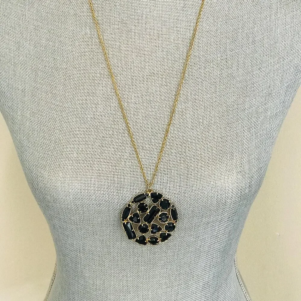 Kate Spade Long Pendant Necklace - Signed - Black Sparkling Cluster - Gold Tone